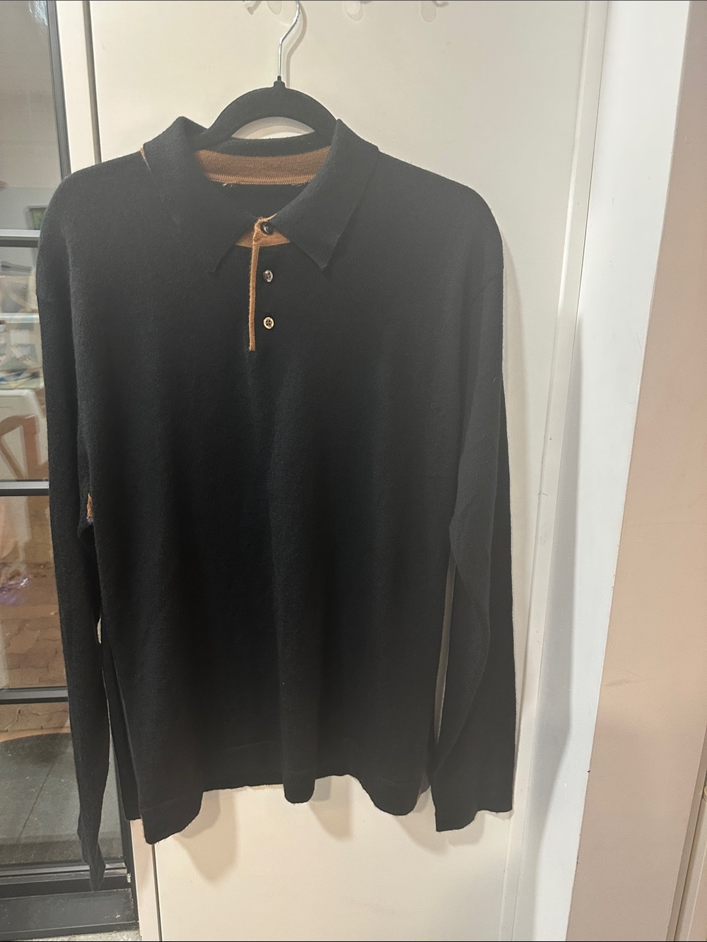 Men's Black Long-Sleeve Italian Merino Wool Polo with Contrast Trim